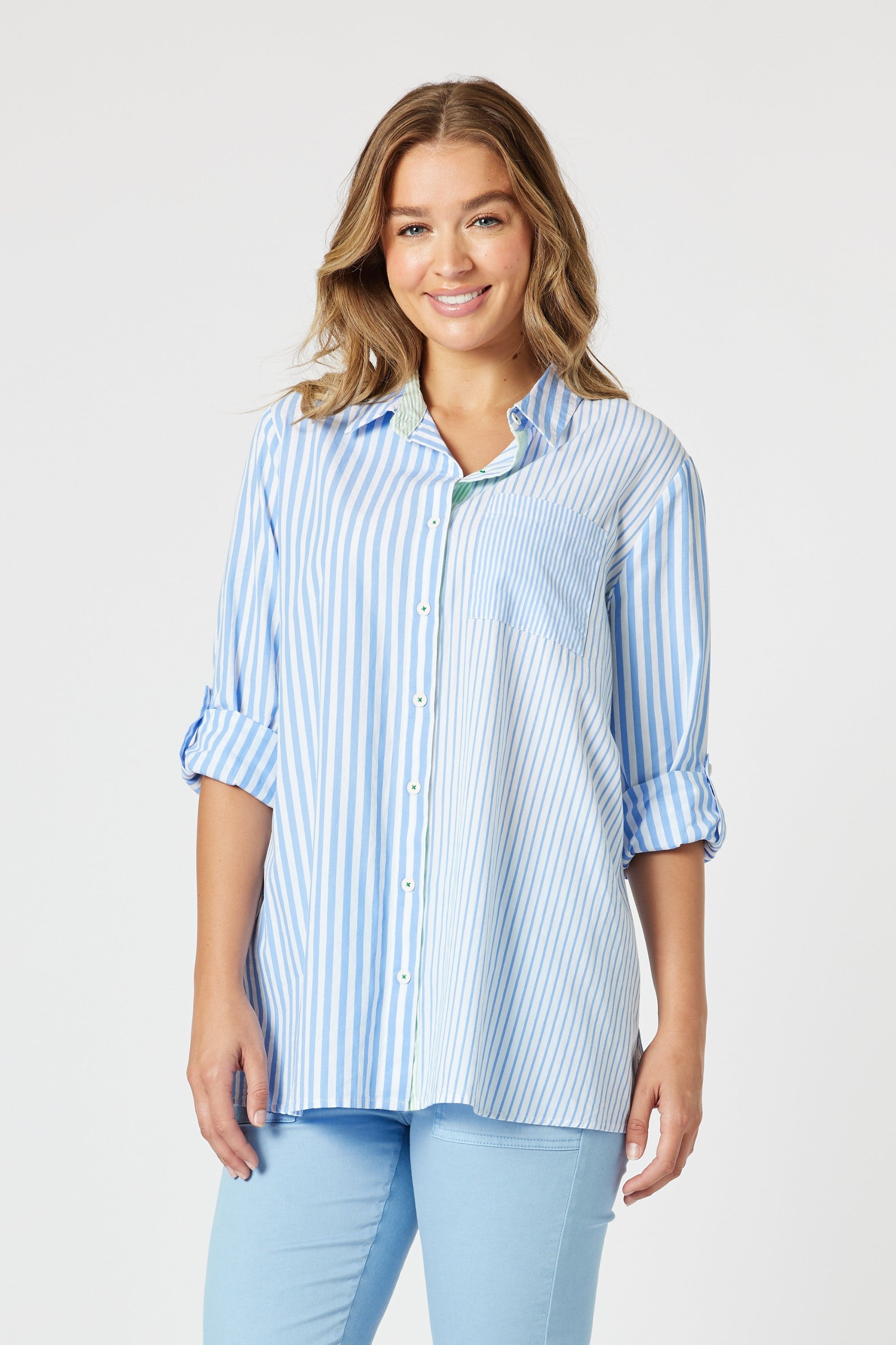 stripe button through shirt light blue and white with long adjustable sleeve worn by model