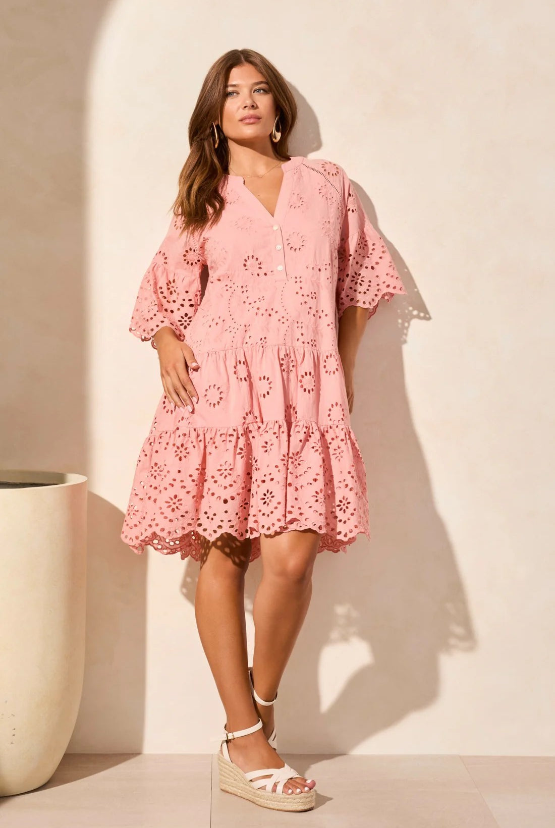 broderie anglaise midi dress in pink worn by model