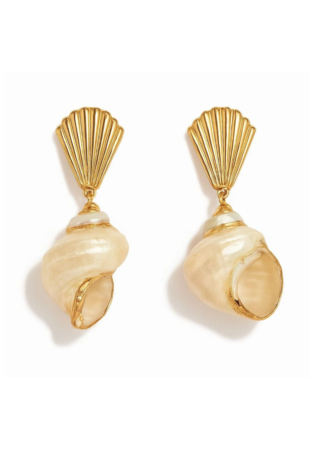 A pair of gold and shell drop earrings on a clean white background. Each earring features a gold fan-shaped stud connected to a realistic cream-colored conch shell dangle.