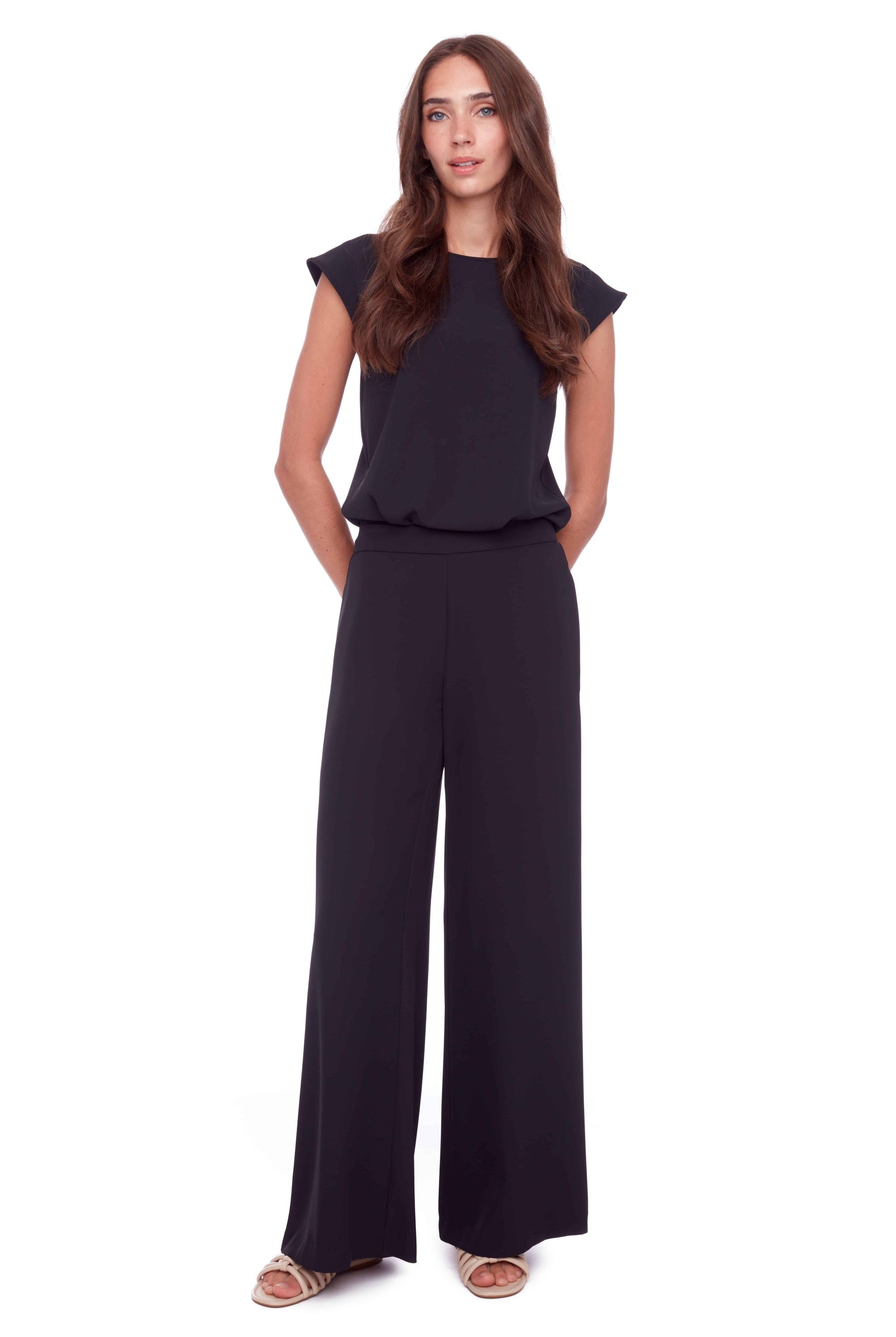 womens high waist wide leg black pants and black top worn by model