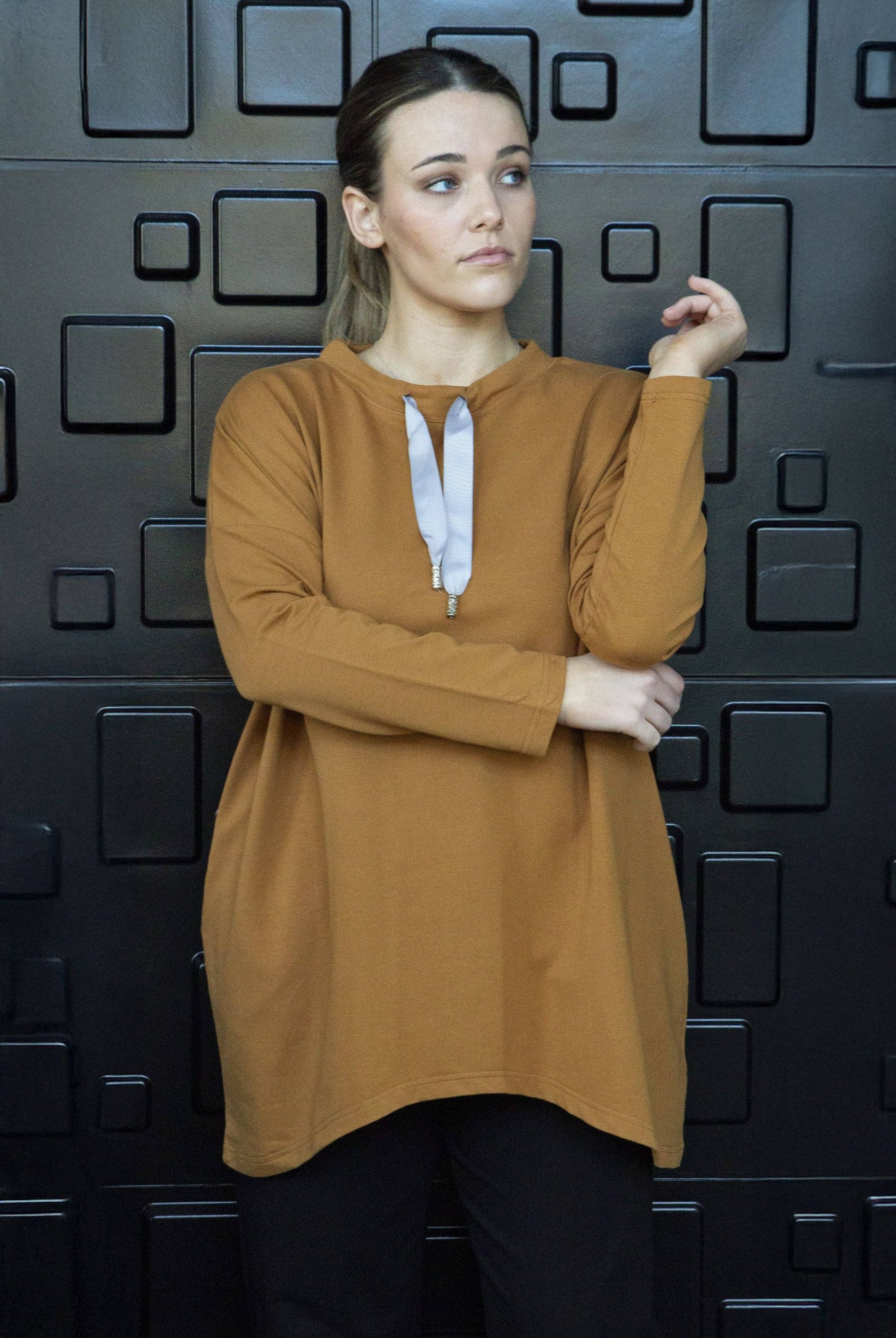 longline sweater ribbon drawstring nutmeg