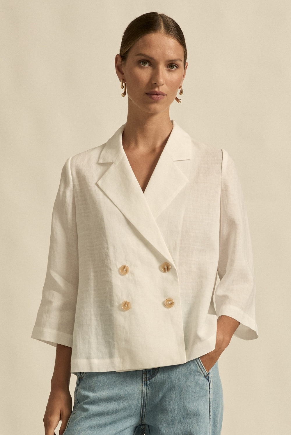 womens double breasted jacket in porcelain worn by model