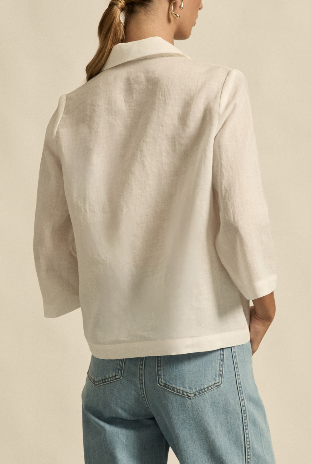 womens double breasted jacket in porcelain worn by model back view