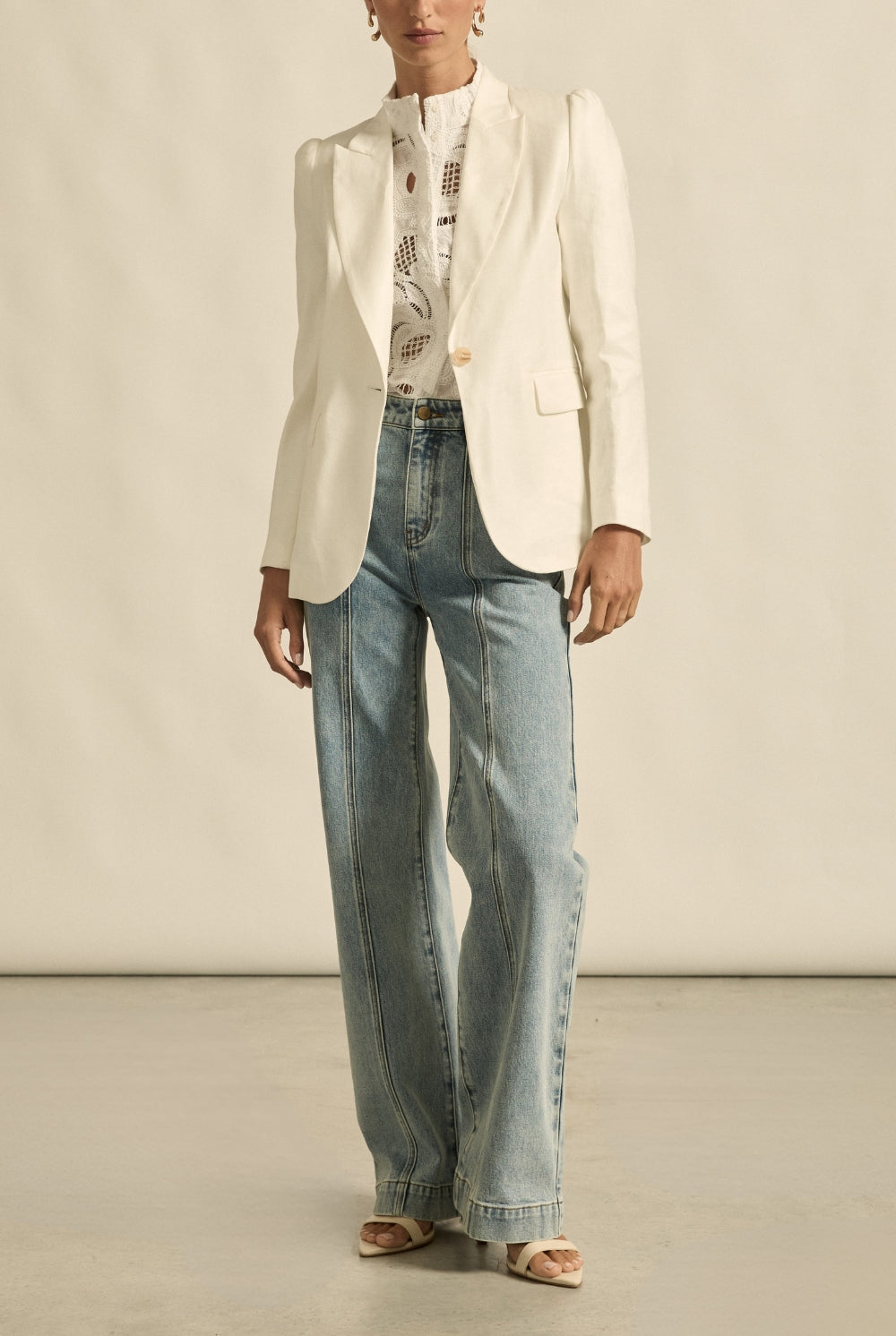Womens jacket blazer off white with jeans worn by model