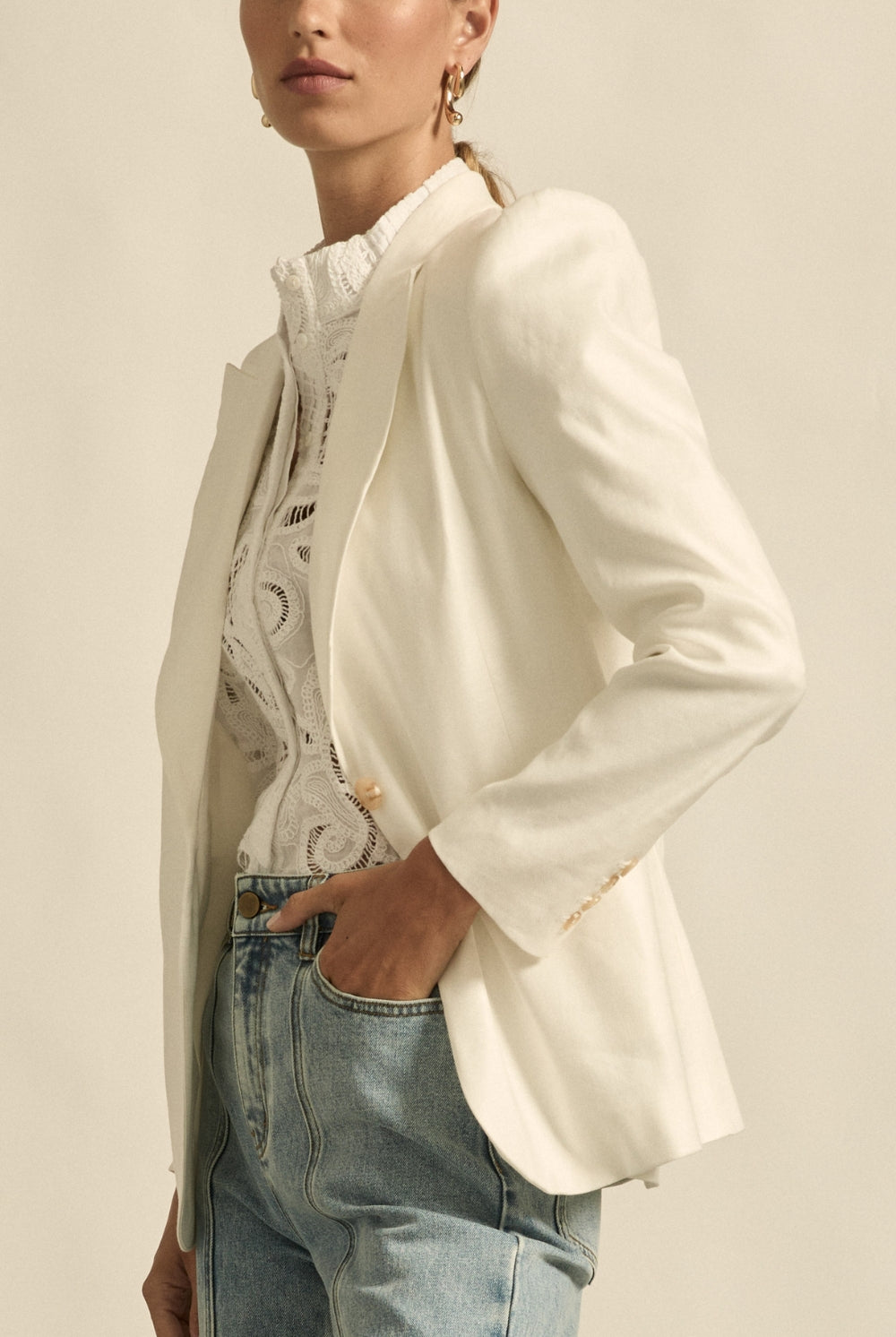 Womens jacket blazer off white worn by model side view