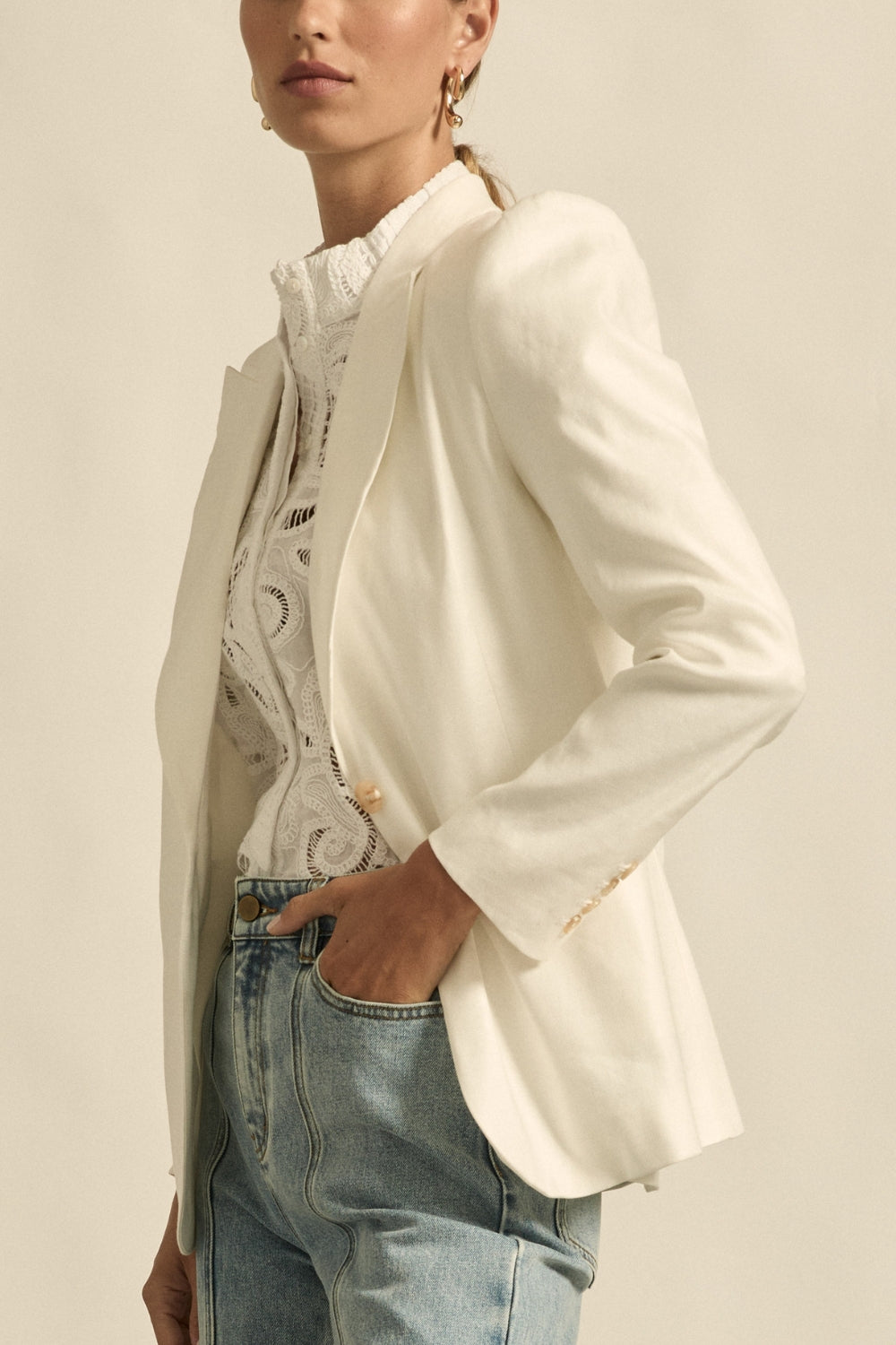 Womens jacket blazer off white worn by model side view