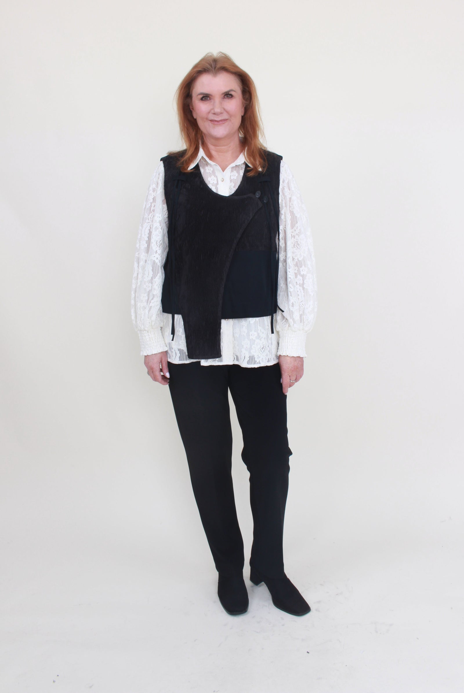 bone and arrow zen waistcoat worn with joseph ribkoff slim leg pant