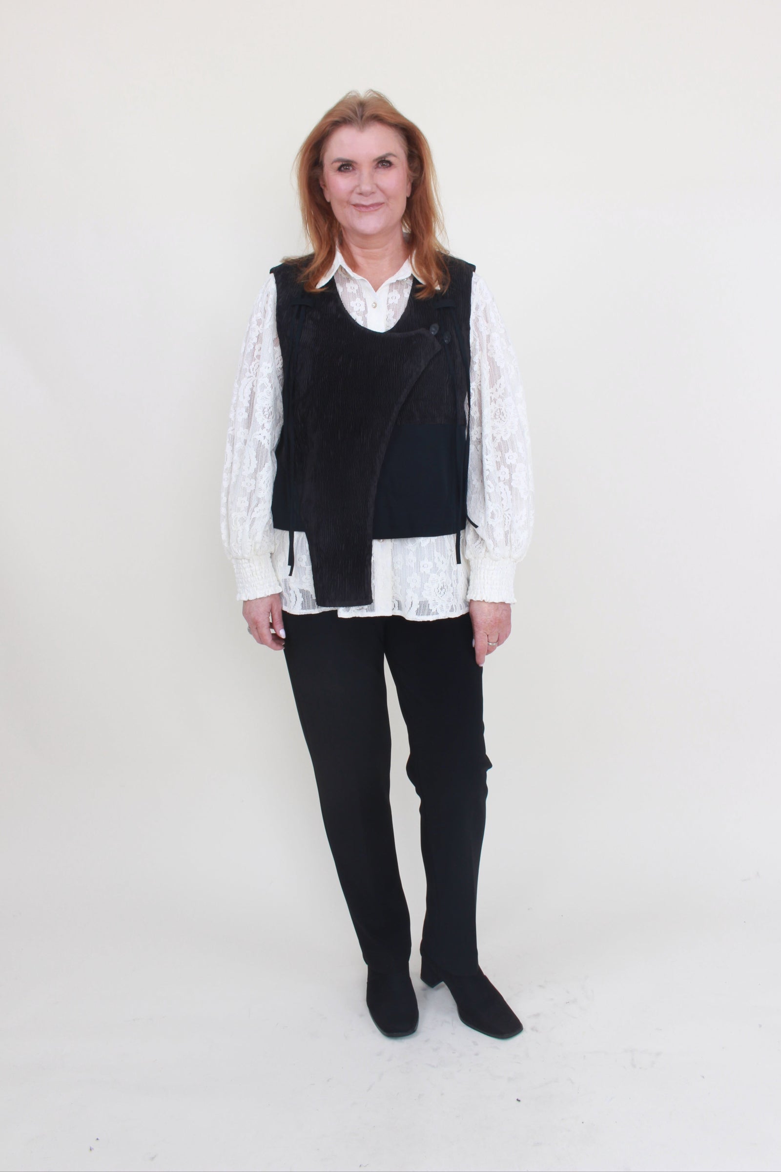 bone and arrow zen waistcoat worn with joseph ribkoff slim leg pant