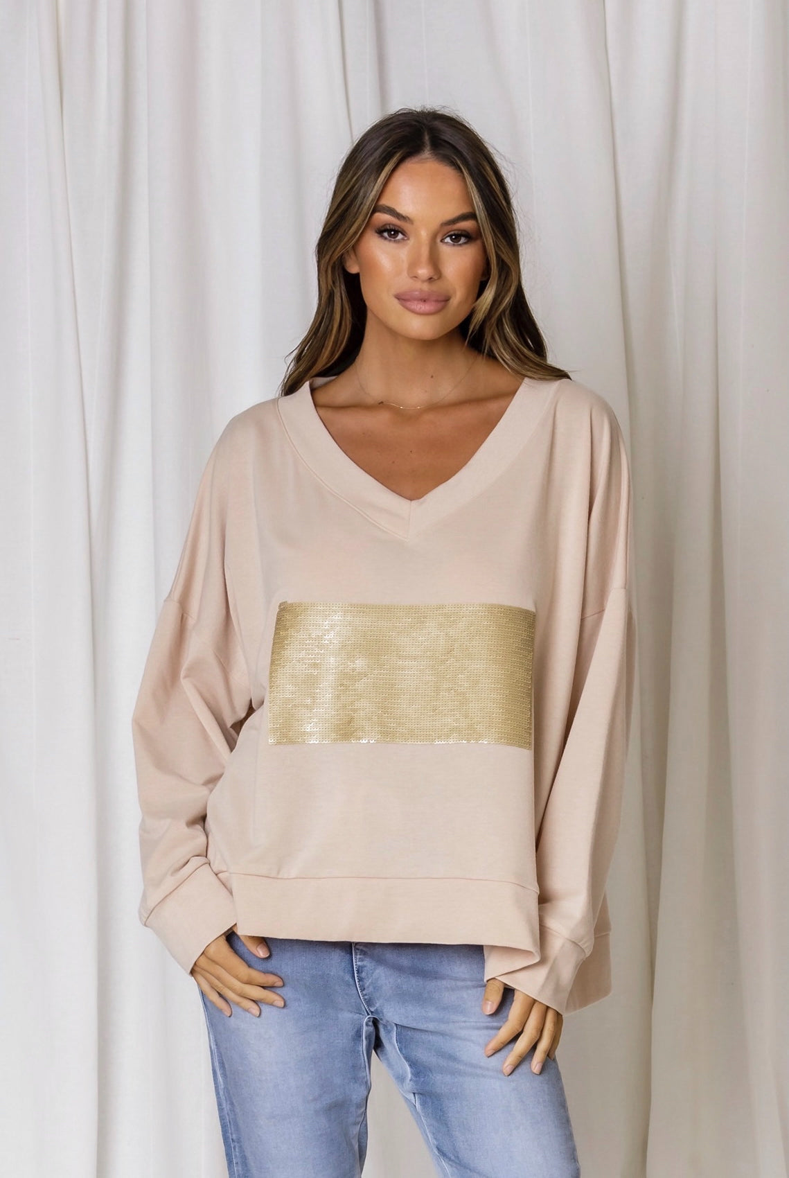 womens relaxed sweater taupe with gold sequin