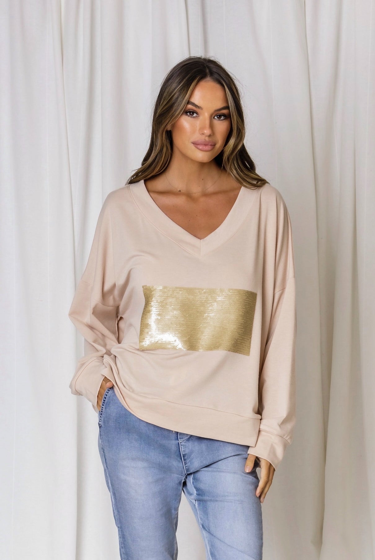 womens relaxed sweater taupe with gold sequin