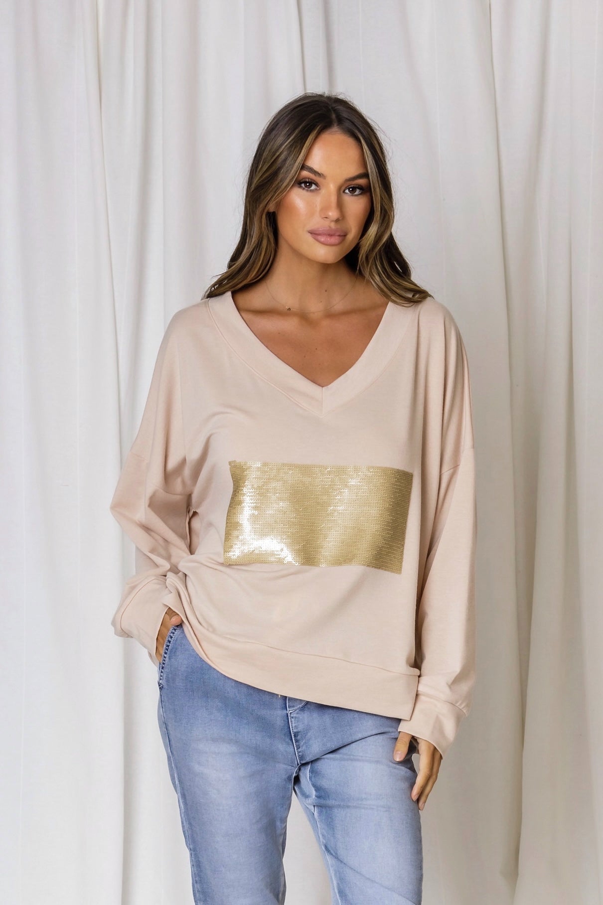 womens relaxed sweater taupe with gold sequin