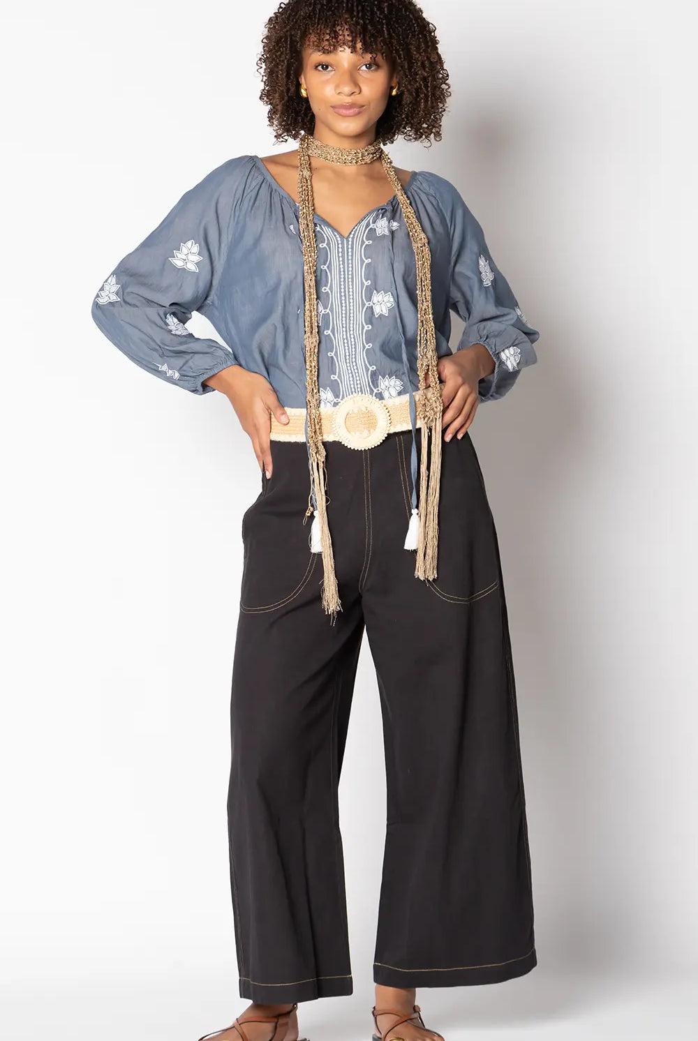 Ruby Yaya Pula Pant in black, front view showing cropped length, wide-leg cut, and flat front waistband