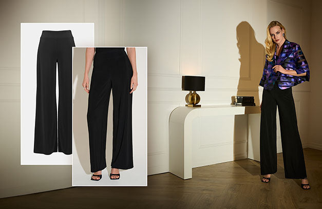 Woman wearing Black wide-leg pants with evening styling, and a softly structured jacket, walking confidently against a neutral backdrop. The pants have a tailored drape and elegant movement.