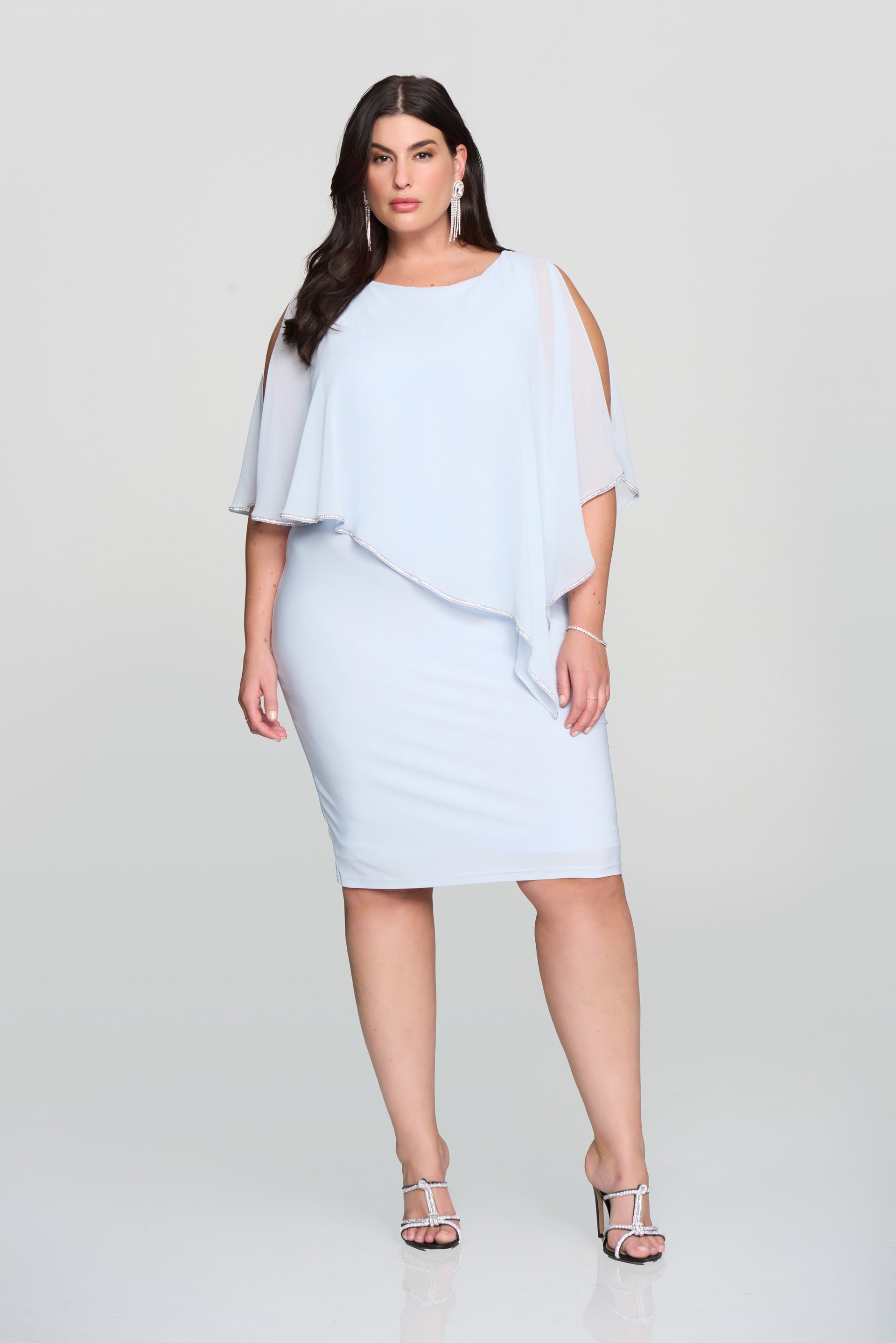 sachin and babi light blue dress Joseph Ribkoff Empress Silky Knit and Chiffon Sheath Dress Style 244017