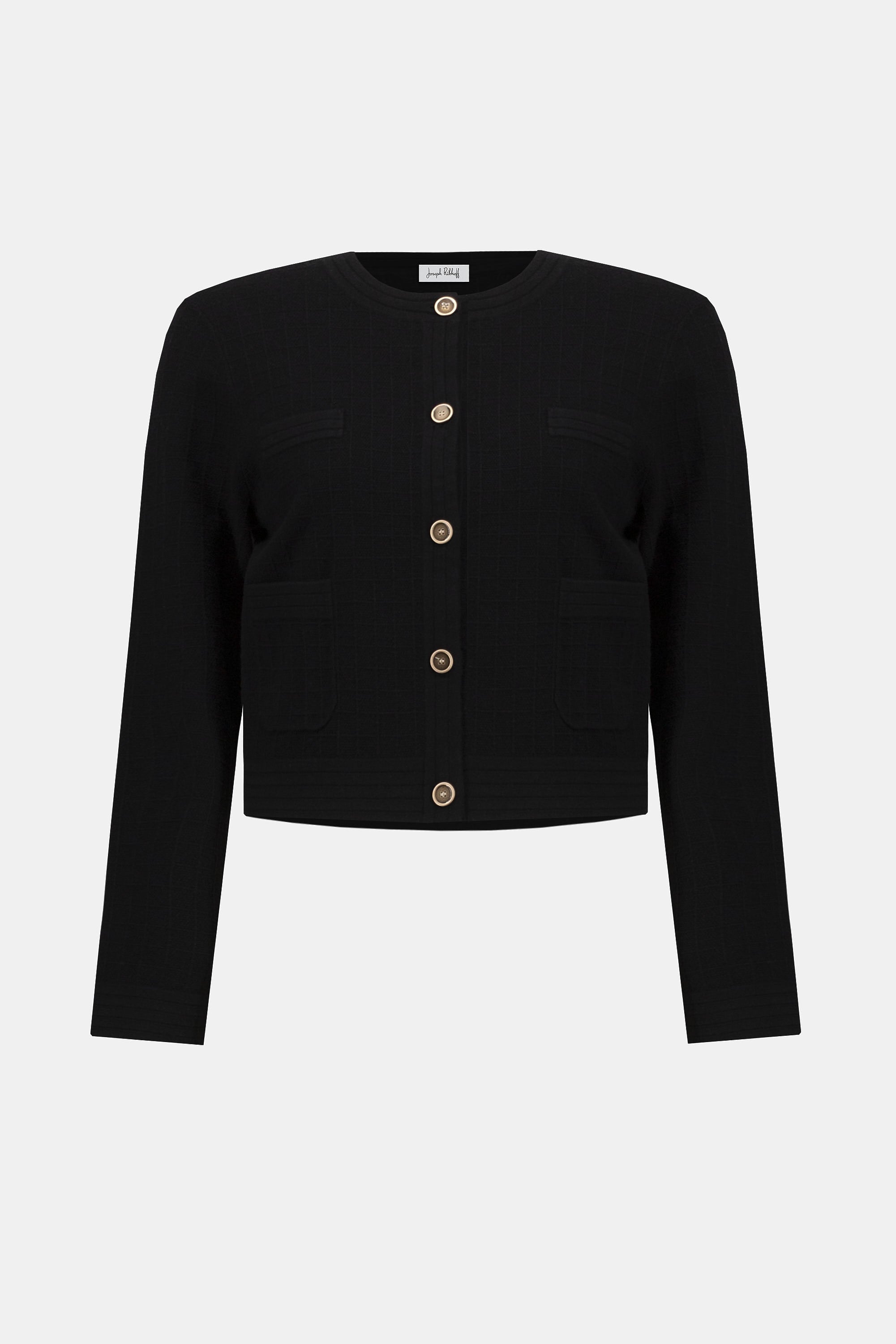 Black cardigan with gold buttons on a white background