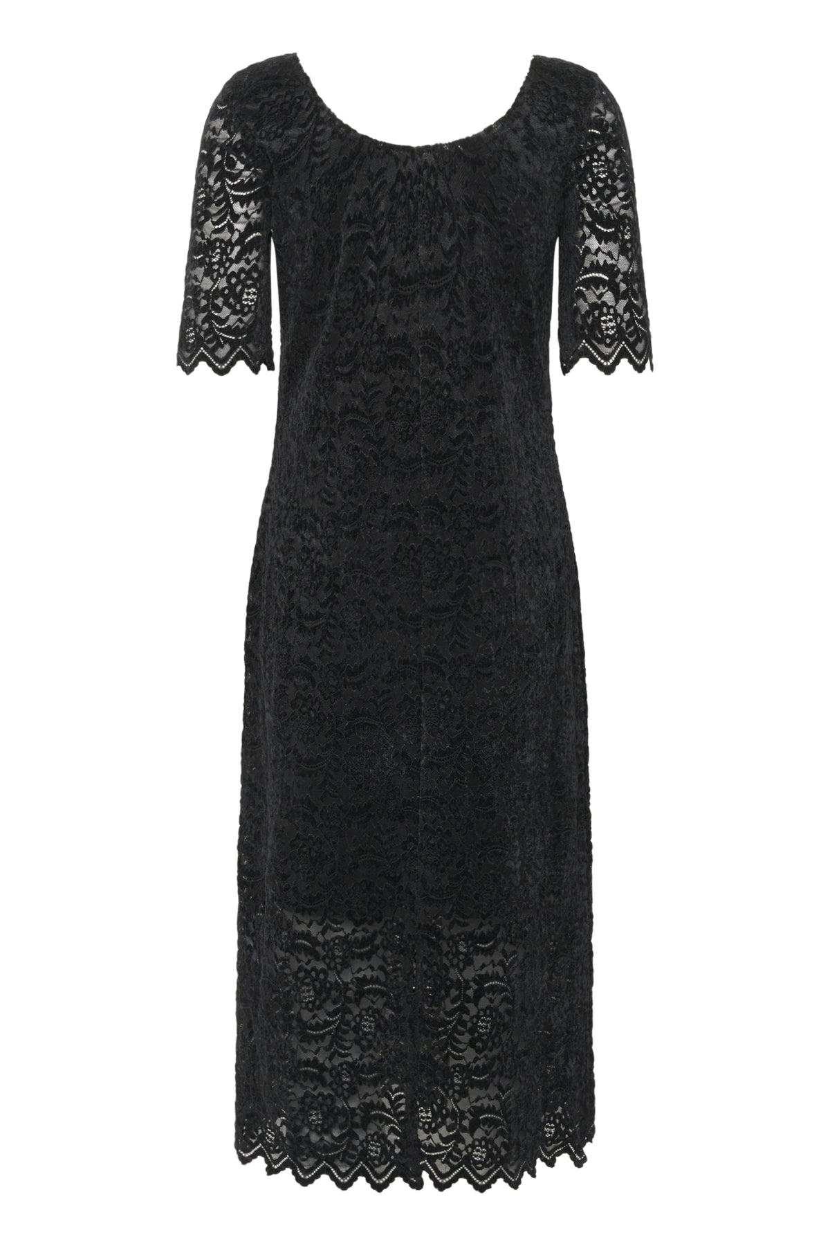 Black lace dress with sheer sleeves on a white background