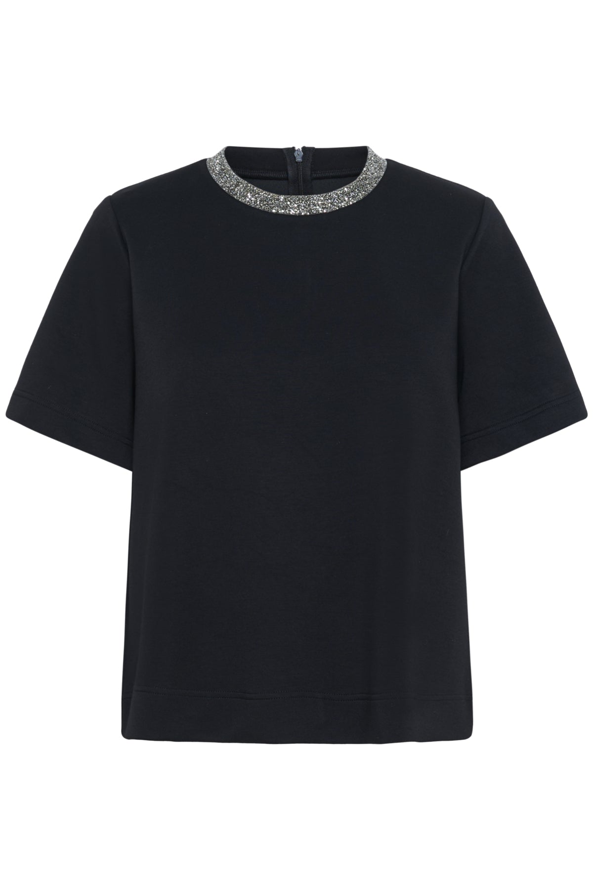 Black t-shirt with a silver embellished neckline on a white background