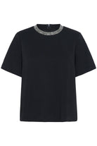 Black t-shirt with a silver embellished neckline on a white background
