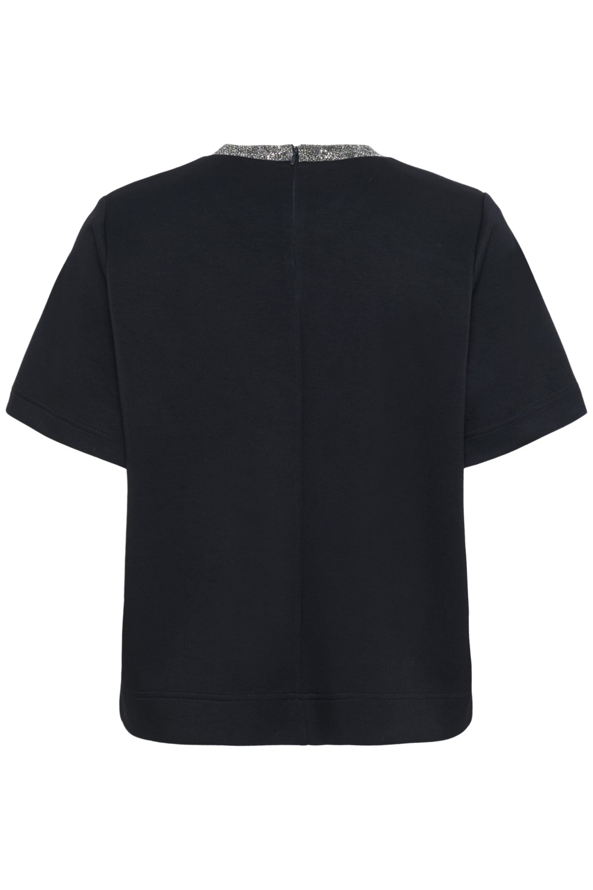 Black blouse with short sleeves on a white background back angle