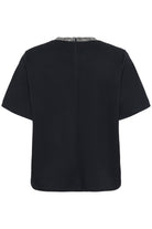 Black blouse with short sleeves on a white background back angle