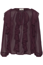Purple ruffled blouse on a white background