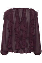 Maroon off-shoulder blouse with ruffled details on a white background back angle