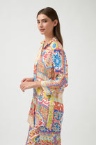 multi colour tile print shirt worn by model side view