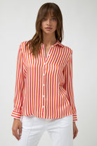 orange pink white stripe button through shirt worn by model