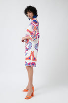 white with pink and blue print shift midi dress worn by model side view