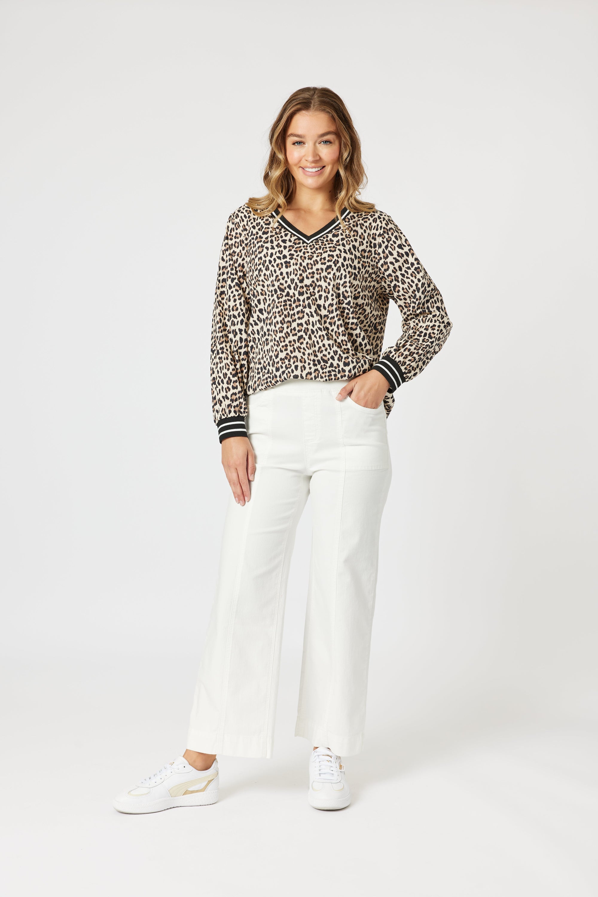 womens straight wide leg jean with top stitching ivory worn by model