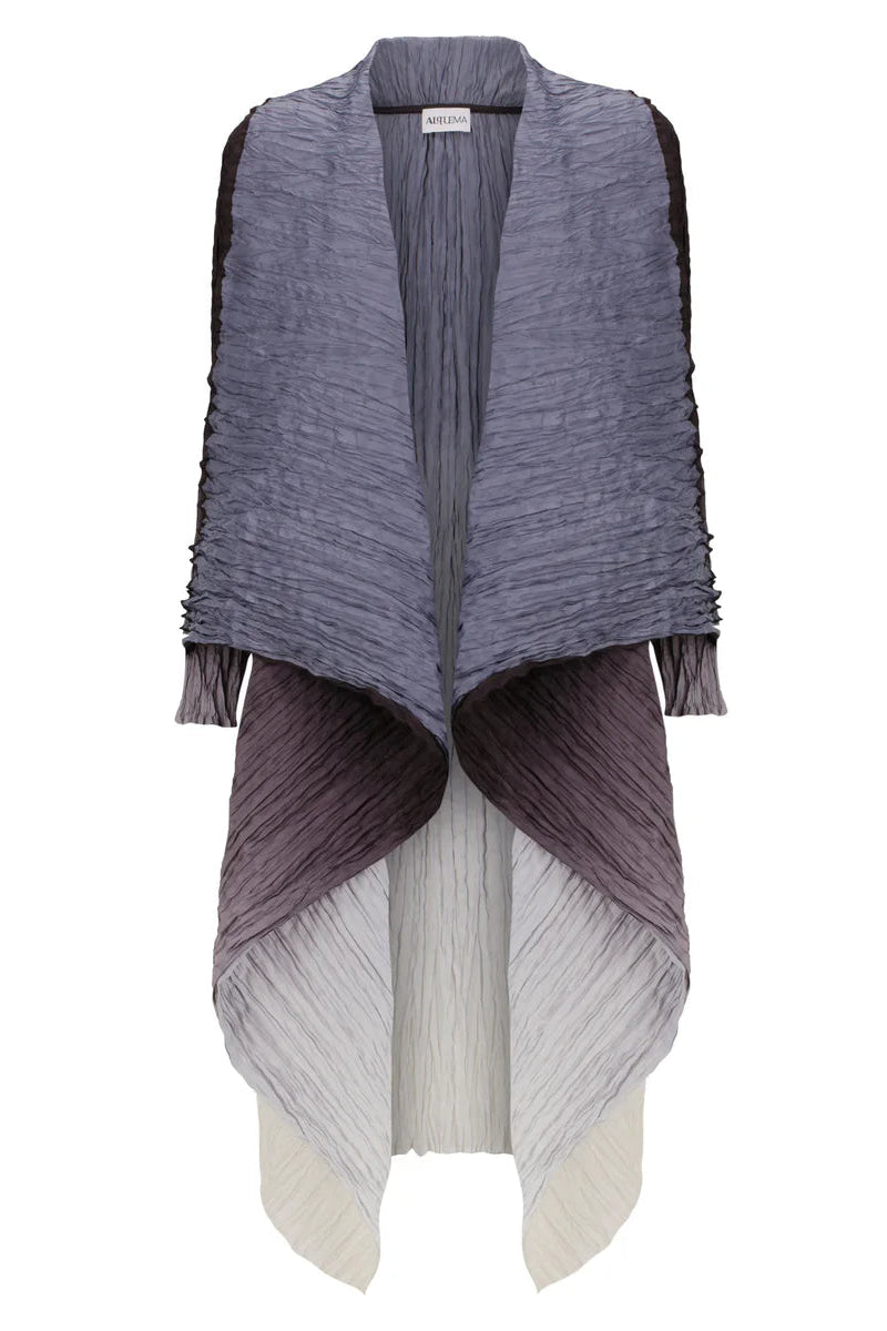 Gradient coat with black, gray, and white colors on a white background