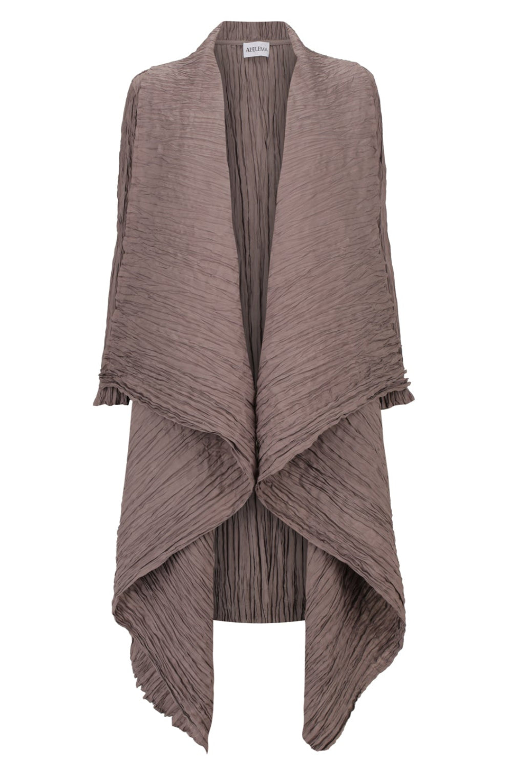 womens waterfall satin coat lilac marble brown worn by model clear cut