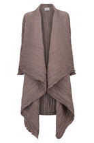 womens waterfall satin coat lilac marble brown worn by model clear cut