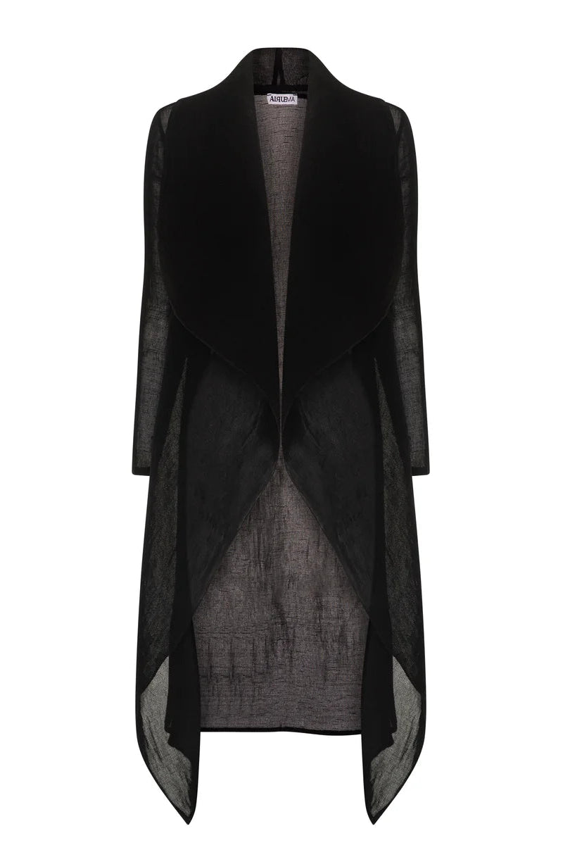 Black long coat with sheer overlay on a white background