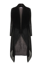 Black long coat with sheer overlay on a white background