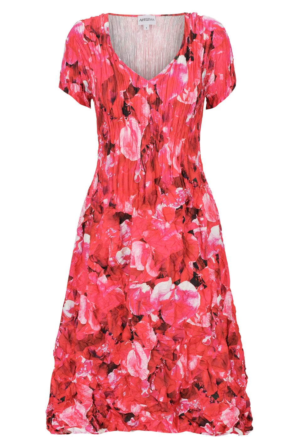 womens smash finish midi dress pink floral worn by model clear cut