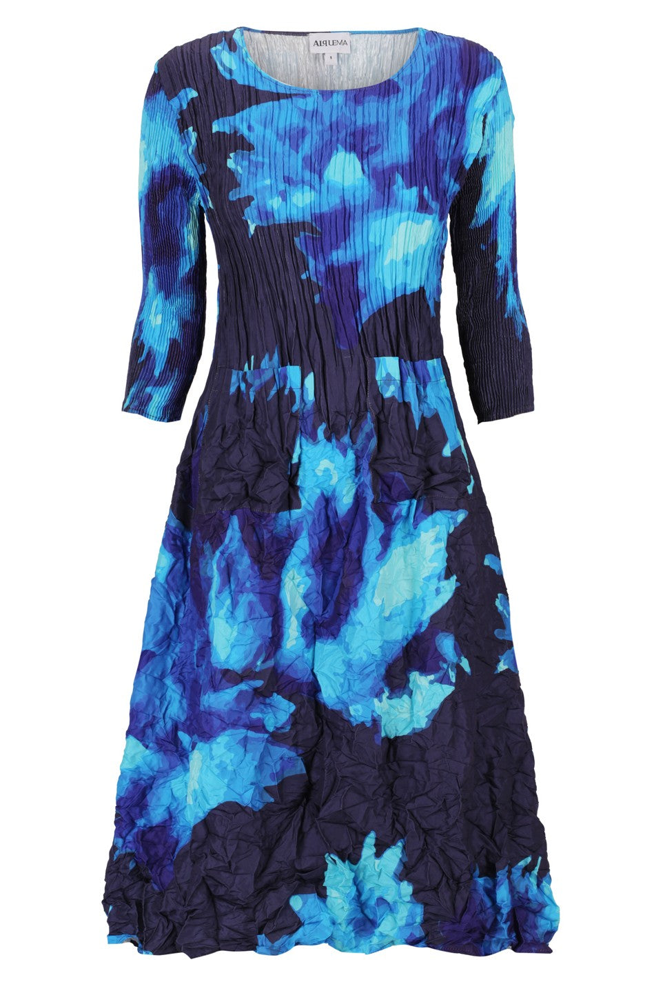 womens smash pleat midi dress blue black floral worn by model clear cut