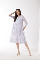 light grey print midi dress worn by model 