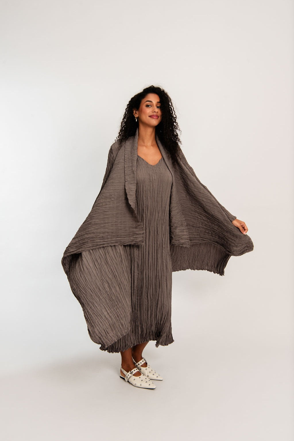 womens waterfall satin coat lilac marble brown worn by model 