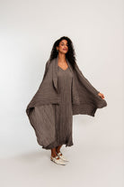 womens waterfall satin coat lilac marble brown worn by model 