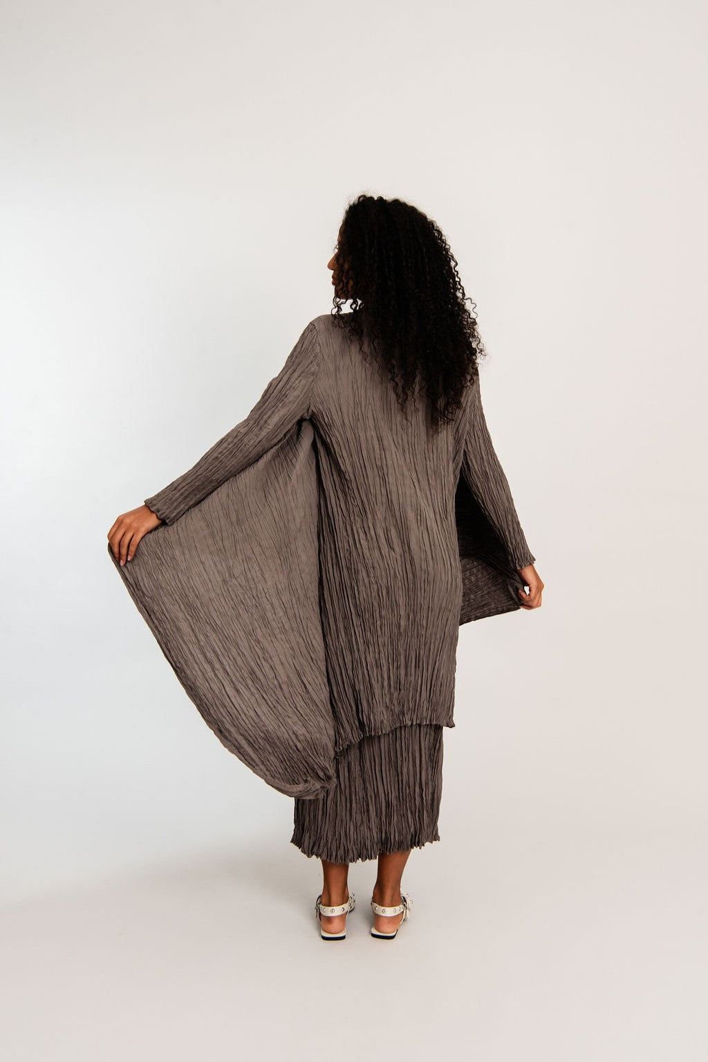 womens waterfall satin coat lilac marble brown worn by model back view