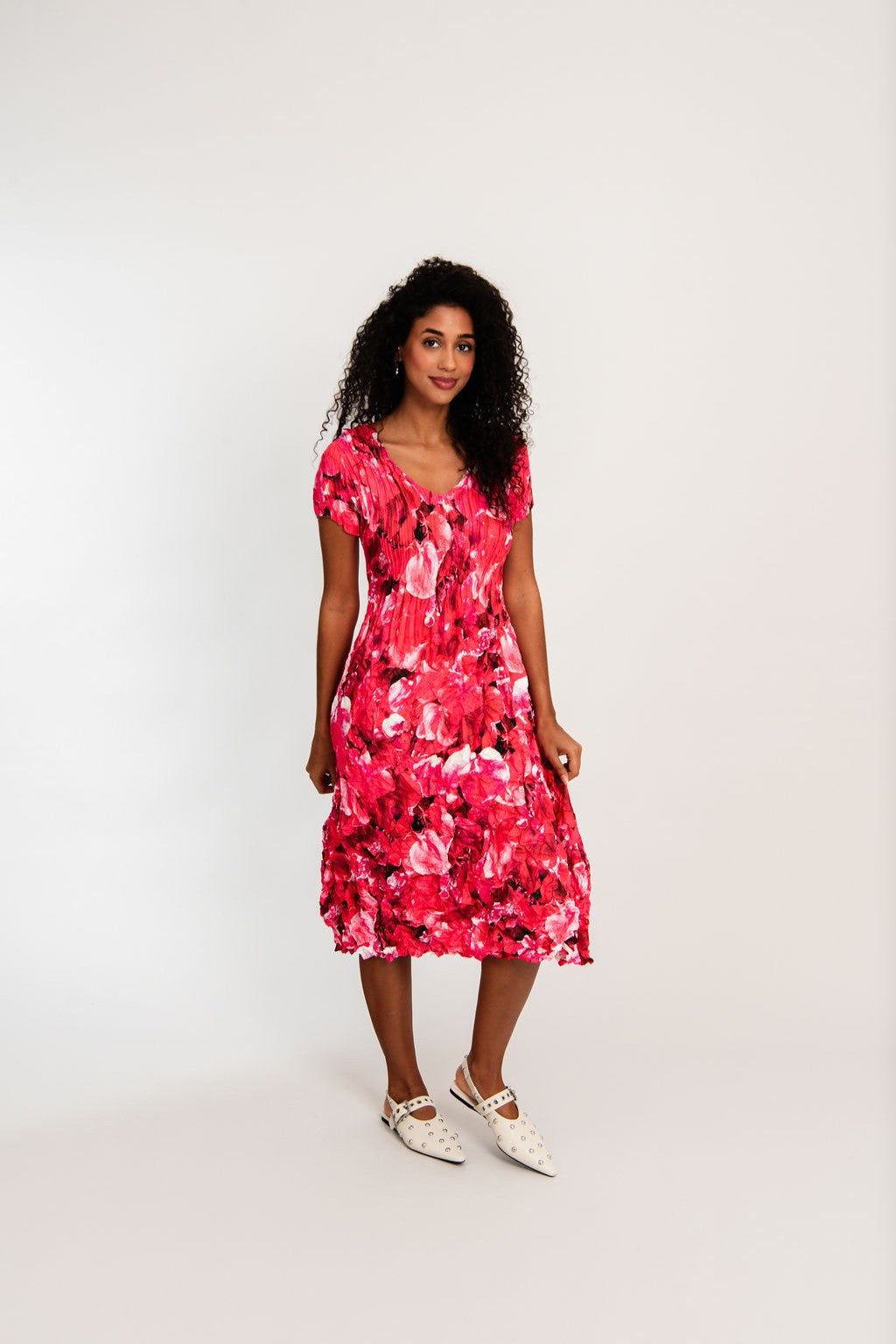 womens smash finish midi dress pink floral worn by model