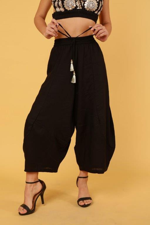 womens cropped wide leg boho style pant with tassel drawstring in black