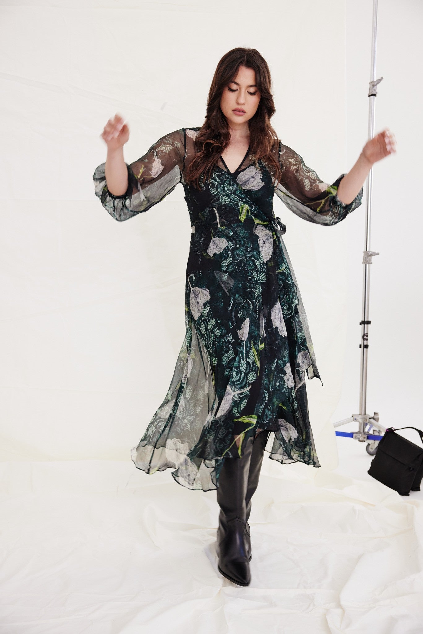 wrap dress midi dark green silk floral print