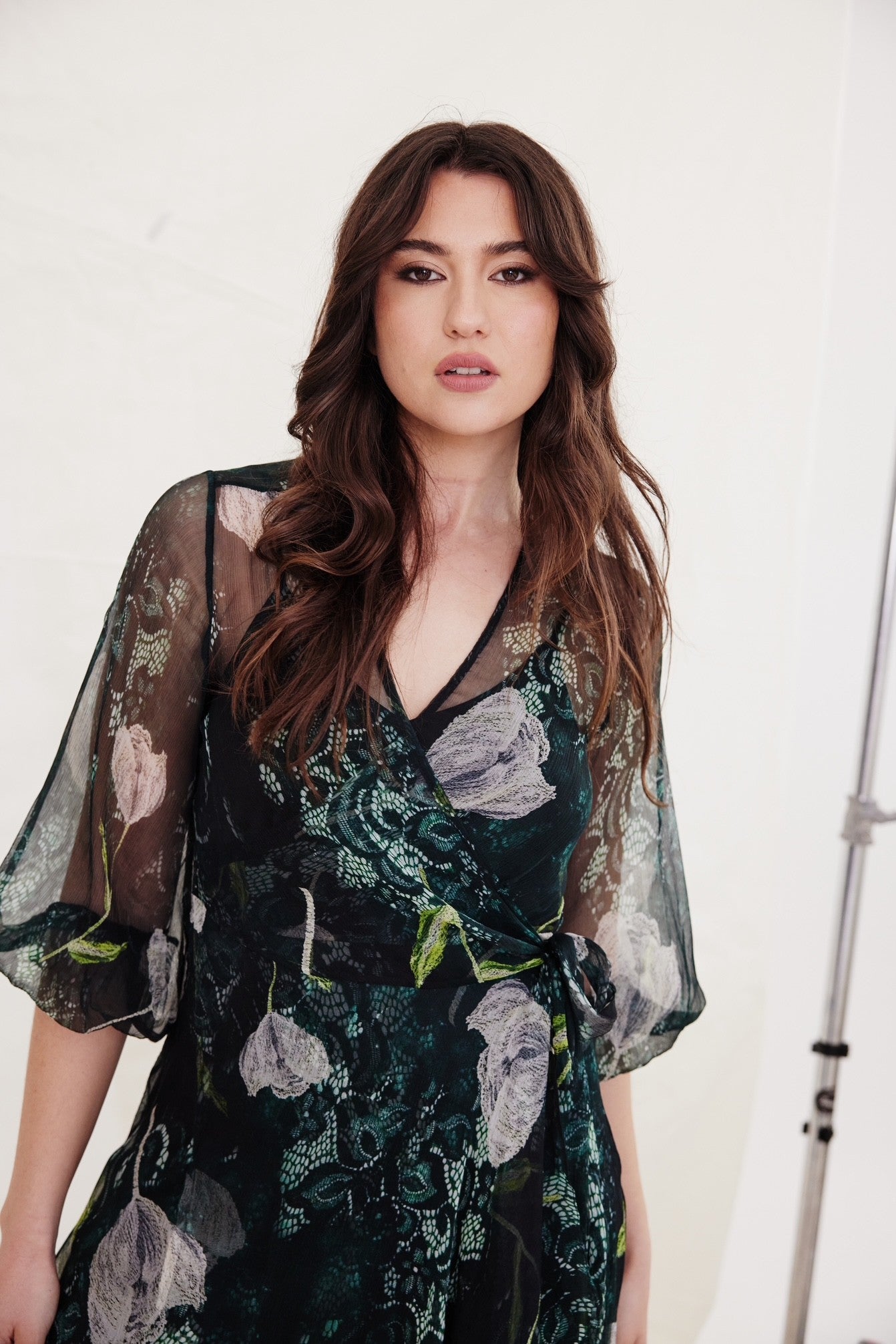 wrap dress midi dark green silk floral print close up