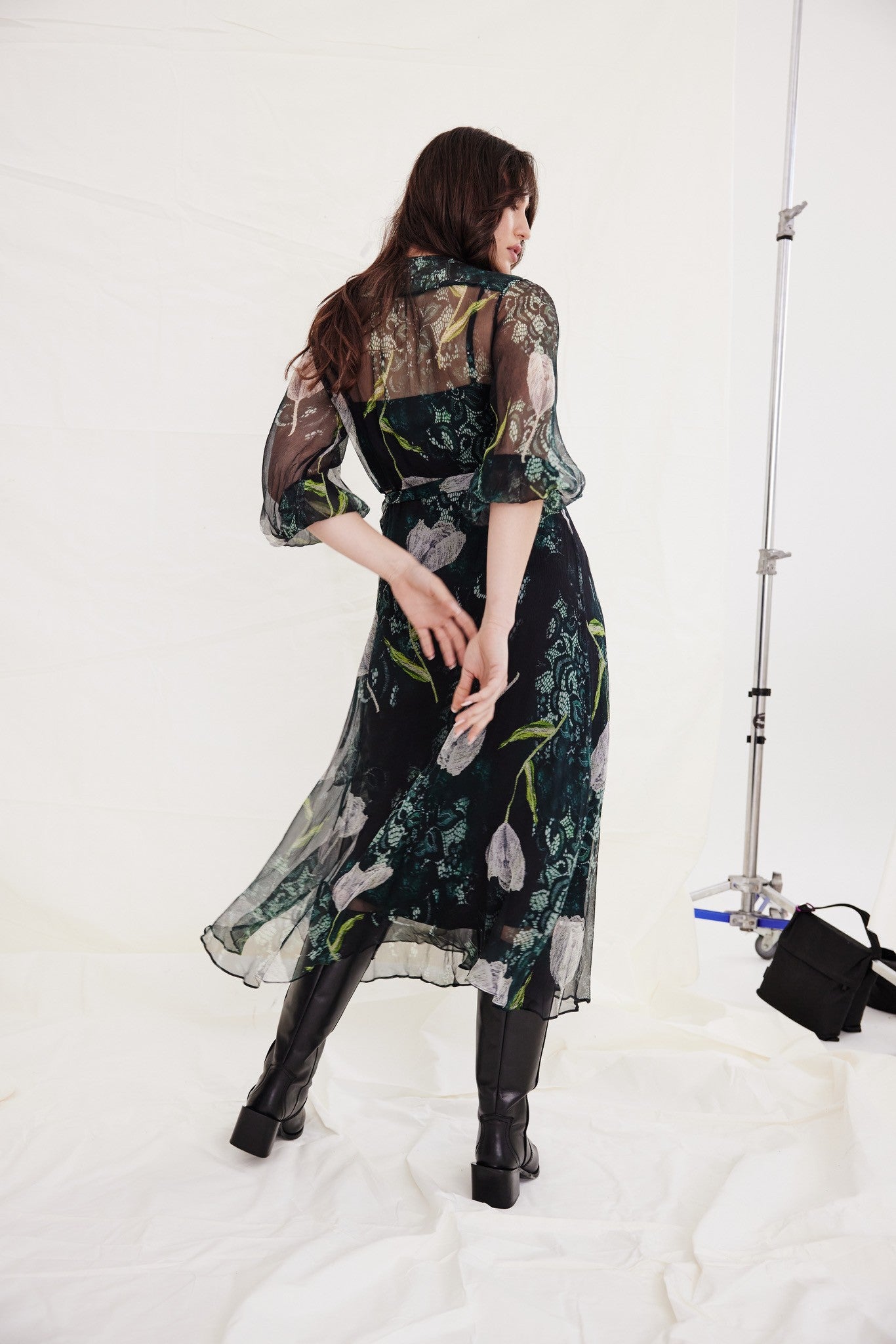wrap dress midi dark green silk floral print back view