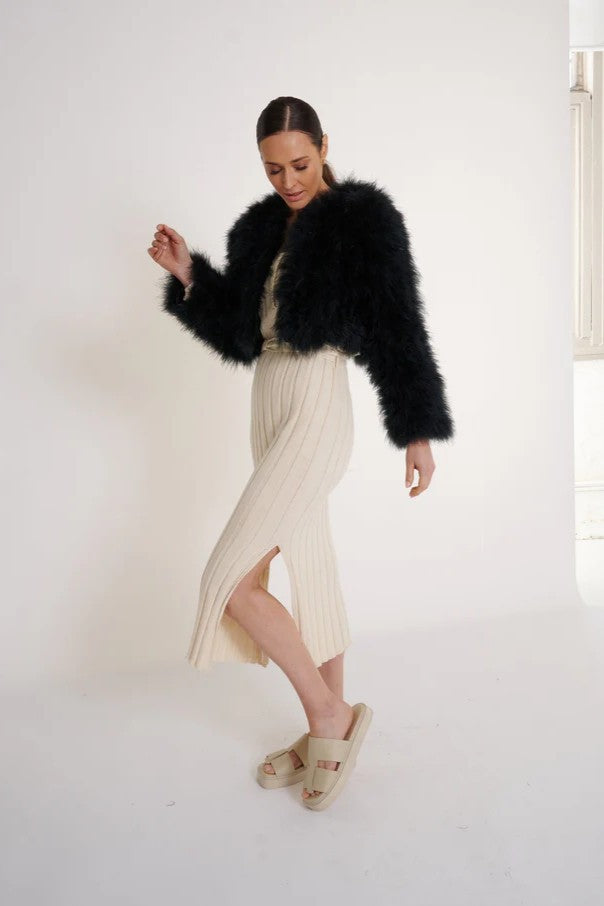 womens cropped fluffy feather blend jacket black