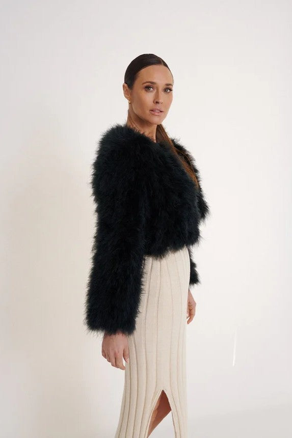 womens cropped fluffy feather blend jacket black side view