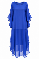 Floaty blue chiffon dress against a white background