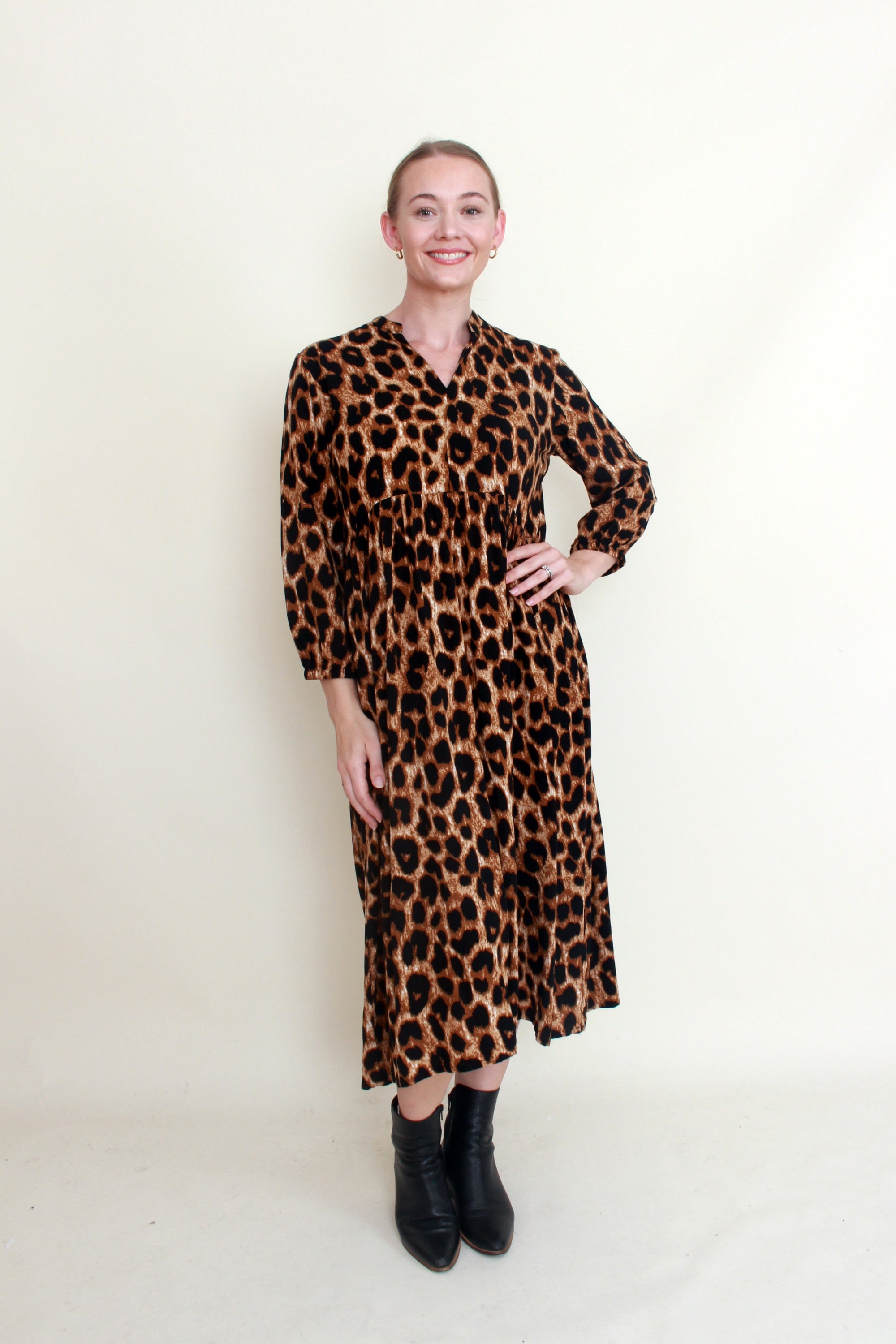 leopard print midi dress long sleeve
